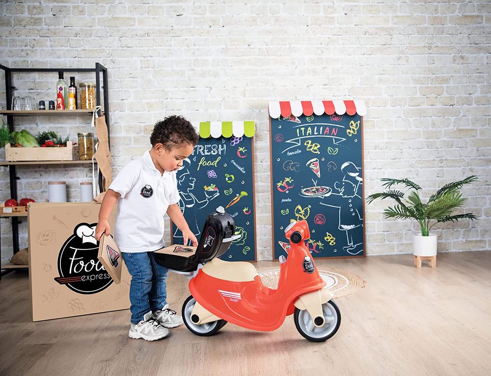 Детский толокар-скутер, беговел Smoby доставка еды со съемным боксом красный 721007