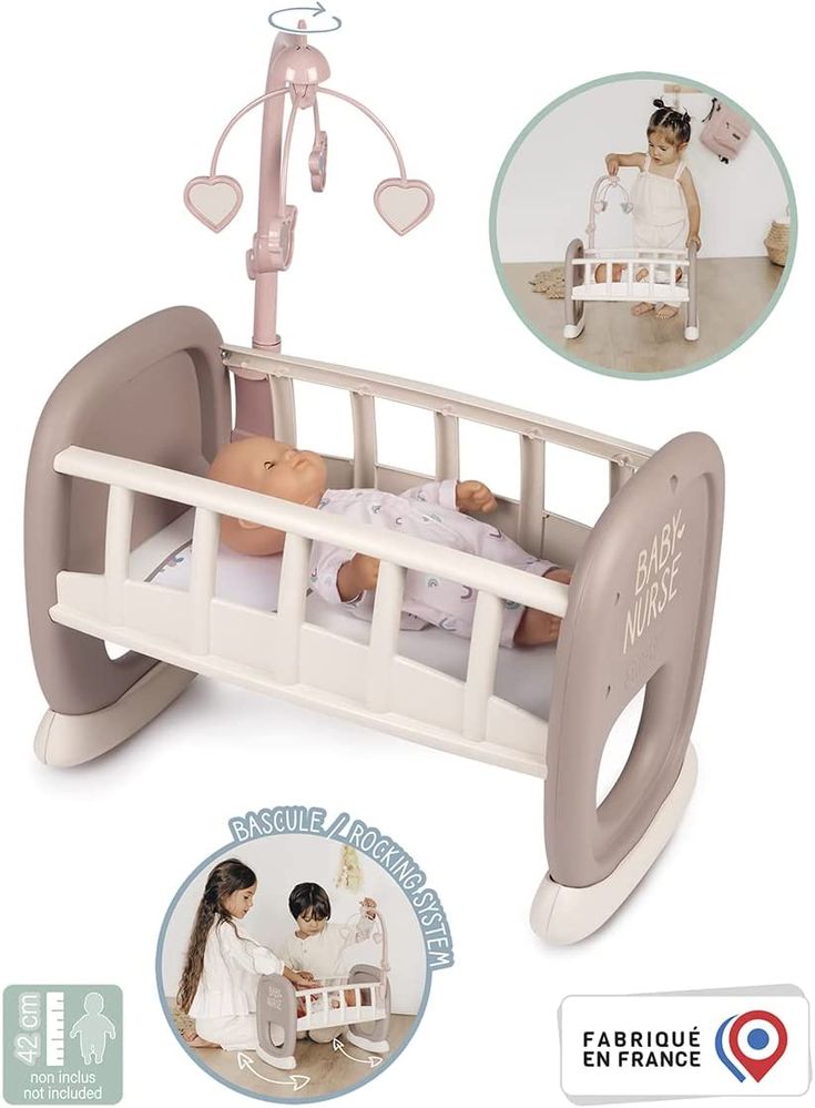 Кроватка колыбель для куклы Smoby Toys Baby Nurse с мобилем Серо-белая 220372